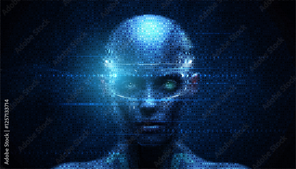 Poster Vector Abstract modern technology futuristic, AI bot, Artificial Intelligence concept. Robot and cyberspace, digital data, datum communication, innovation on hi tech future design for background