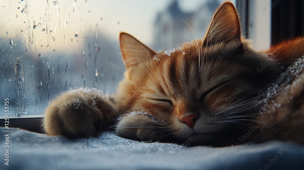 Poster close-up of a fat cat peacefully sleeping on a windowsill, with its fur catching the soft morning li