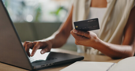 Credit card, laptop and hands of person in home for online shopping, internet purchase and student...
