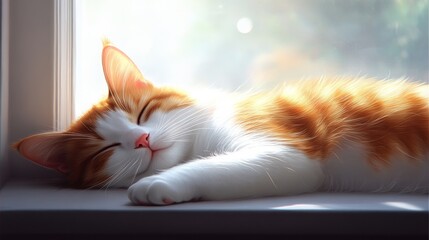 Close-up of a fat cat peacefully sleeping on a windowsill, with its fur catching the soft morning light and tiny whiskers twitching