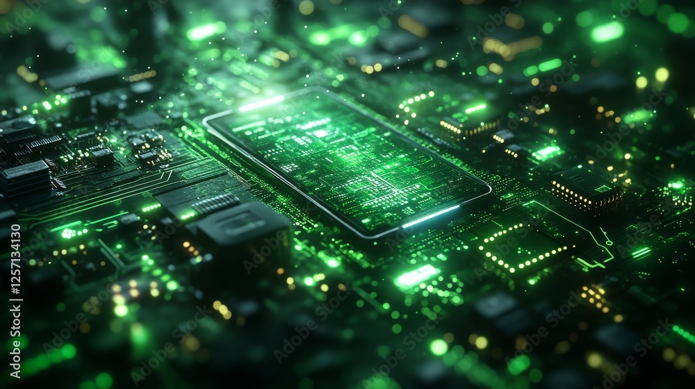 Poster illuminated circuitry: glowing smartphone embedded in a futuristic green motherboard, high-tech micr