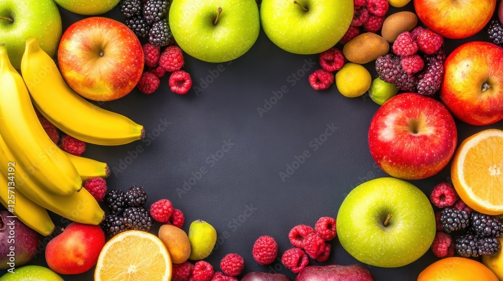 Poster Circle of assorted fruits arranged on a black background for a vibrant and appealing presentation