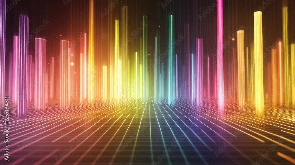 Poster colorful d bars rising from a digital grid floor, with subtle lighting and a gradient background to 
