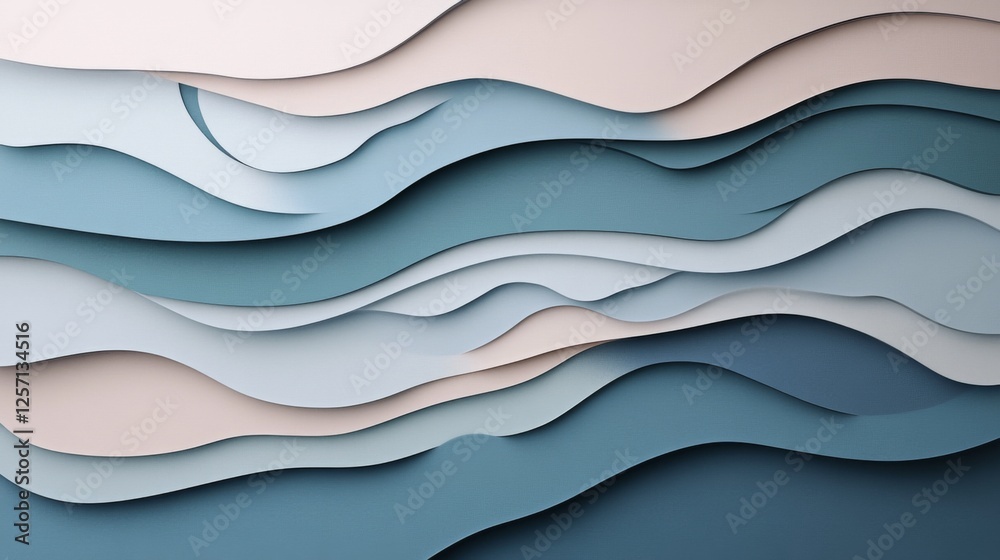 Poster creative abstract graphic featuring layered paper-cut style shapes in pastel tones, creating a d vis