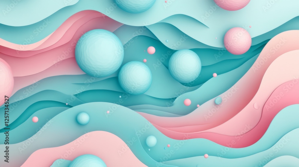 Poster creative abstract graphic featuring layered paper-cut style shapes in pastel tones, creating a d vis