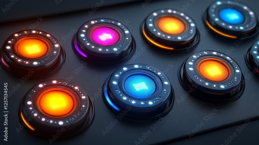 Aufkleber Illuminated Control Panel: Futuristic Interface with Circular Buttons Featuring Diverse Colors and Ambient Lighting, Displaying a Sleek, Technological Design.