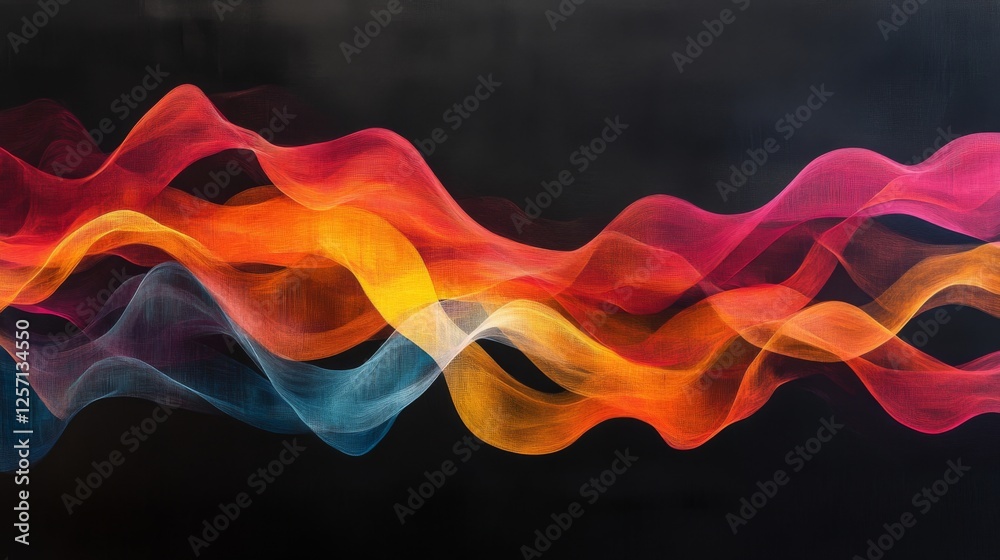 Poster colorful wave patterns with gradient effects, creating fluid, dynamic lines across a black backgroun