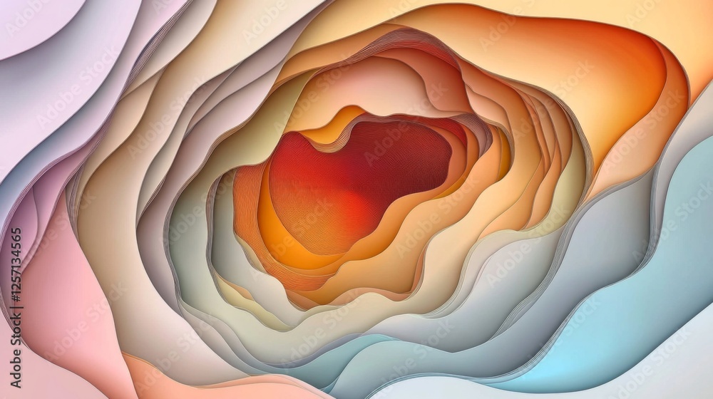 Aufkleber creative abstract graphic featuring layered paper-cut style shapes in pastel tones, creating a d vis