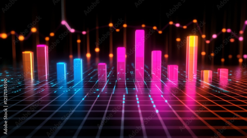Leinwandbilder dark-themed d bar chart with neon-colored bars and a digital grid base, capturing a futuristic data 