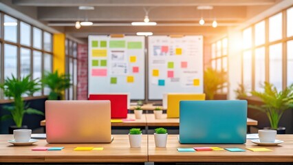 Naklejka premium a modern office space filled with natural light, showcasing colorful laptops, potted plants, and a whiteboard covered in sticky notes, suggesting a collaborative and creative environment. 