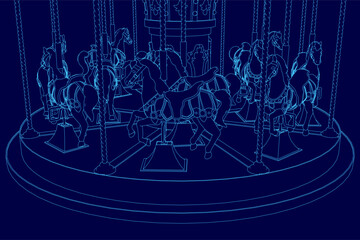A blue image of a merry-go-round with horses. The horses are all in motion, and the ride appears to be a fun and exciting attraction