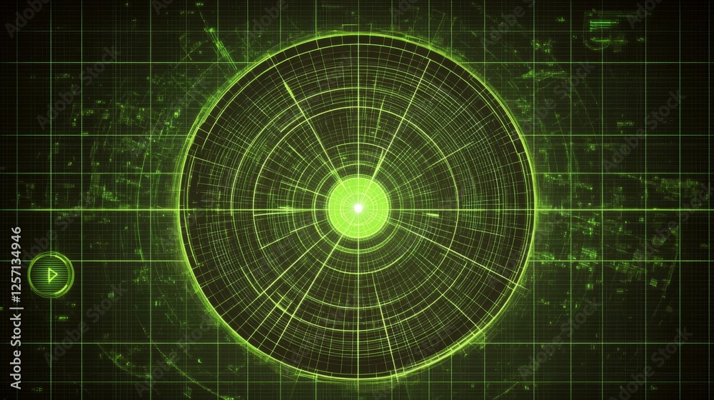 Fototapete futuristic radar-style circular graphic with bright neon lines and rotating elements on a dark tech-