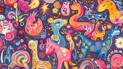 Vibrant whimsical animal pattern.