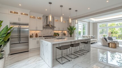 Modern kitchen island, white cabinets, marble countertops, sunlit living room view