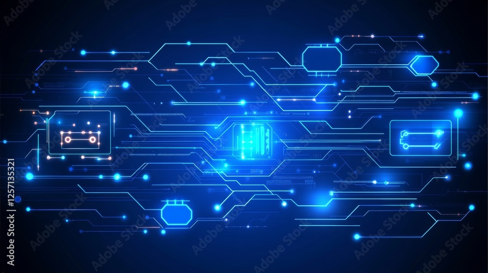 Fototapete High-tech digital circuit design in blue tones, with interconnected lines and nodes creating a complex network pattern on a dark background