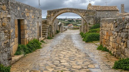 Obraz premium Cobblestone street in an ancient village with stone buildings and archway under cloudy sky