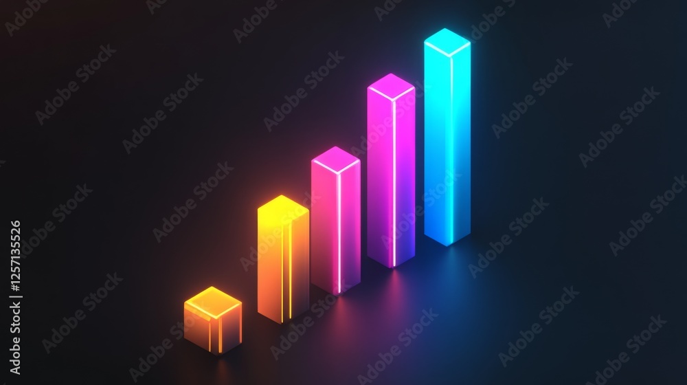 Fototapete modern d bar chart with neon-colored bars and gradient lighting, set against a dark background for a