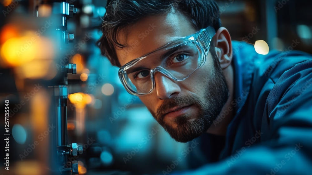 Aufkleber man in safety goggles inspecting industrial machinery, focus on precision engineering and modern tec