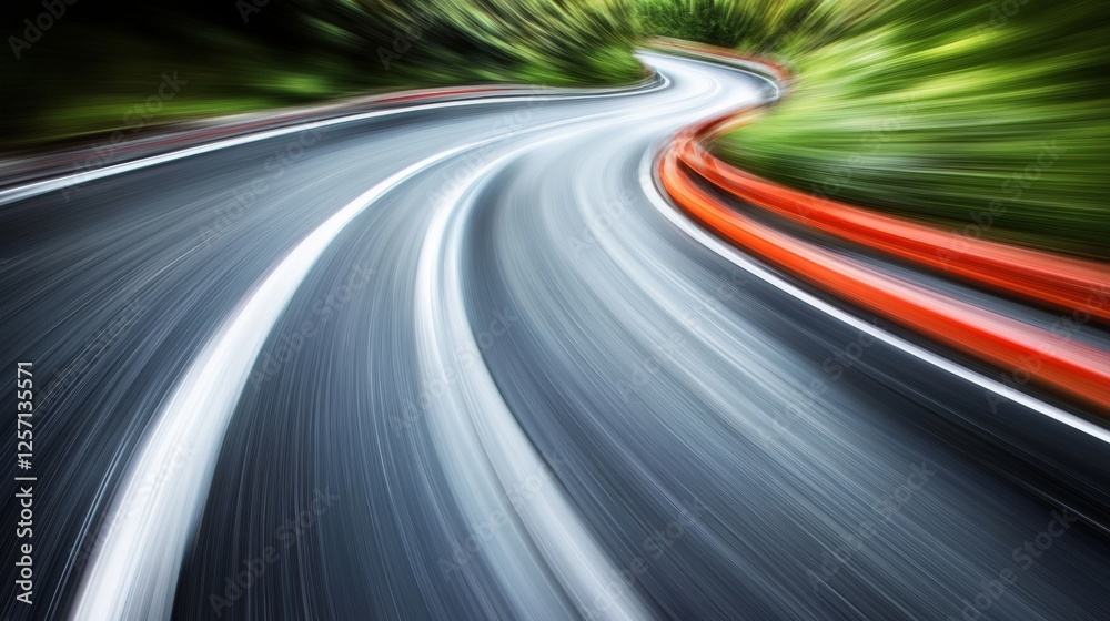 Poster Motion blur effect on a curving mountain road with sharp turns, creating the feeling of speed and thrilling movement