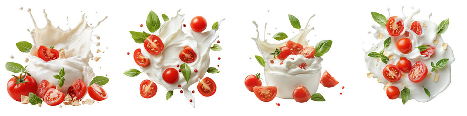 Fototapeta premium Circular creamy milk or yoghurt splash with tomato and leaves, isolate on white background. Set Collection cutout png.