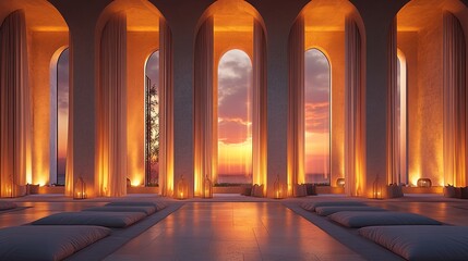 Serene wellness retreat at sunset with elegant architecture and calming ambiance
