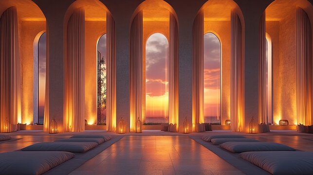 Serene wellness retreat at sunset with elegant architecture and calming ambiance