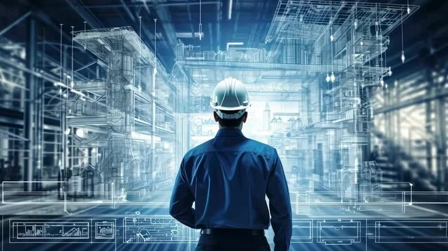 A futuristic video concept showing a man in a hard hat from a rear angle, standing in a digital factory environment with a blue, tech-inspired style.