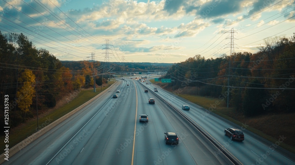 Leinwandbilder power lines running parallel across a highway, with vehicles passing underneath, illustrating the in