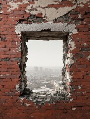 Old red brick wall with a broken window frame, weathered, broken, worn, distressed, metalwork