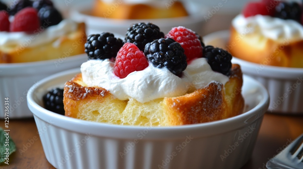 Fototapete Toasted brioche topped with whipped cream and berries, creating a delightful and inviting brunch setup on a rustic table