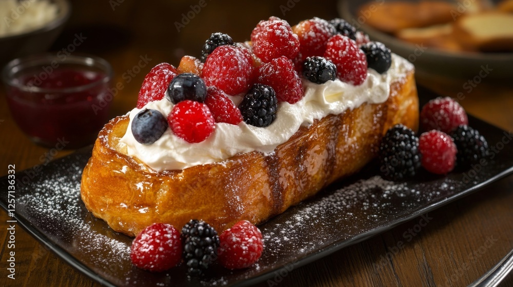 Aufkleber Toasted brioche topped with whipped cream and berries, creating a delightful and inviting brunch setup on a rustic table