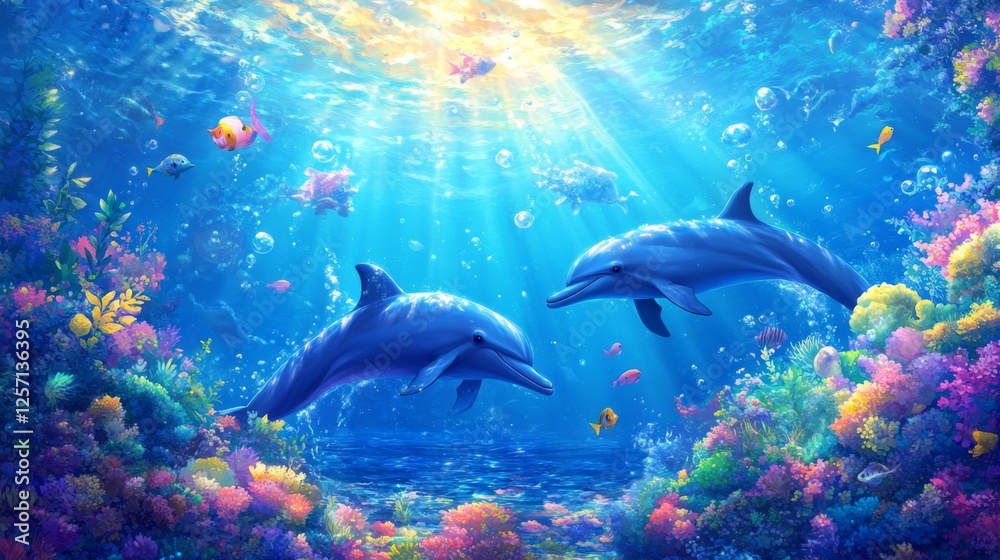 Aufkleber underwater view of dolphins gliding through sunlit water, creating a calm and magical scene in their