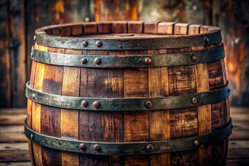 Fototapeta premium Old whiskey barrel with wooden staves and rusted metal bands, countryside, inside, aging