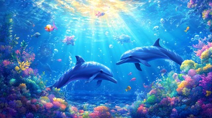 Fototapeta premium Underwater view of dolphins gliding through sunlit water, creating a calm and magical scene in their natural habitat