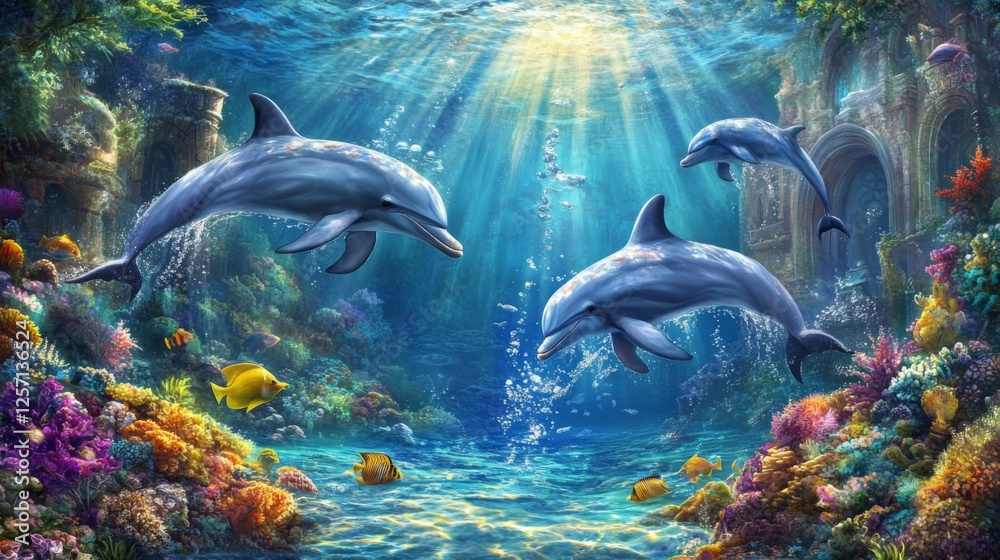 Poster underwater view of dolphins gliding through sunlit water, creating a calm and magical scene in their