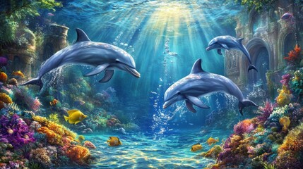 Obraz premium Underwater view of dolphins gliding through sunlit water, creating a calm and magical scene in their natural habitat