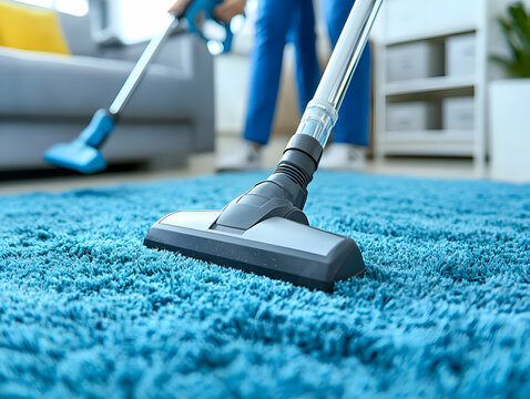 Woman vacuuming blue carpet, living room background, home cleaning - Powered by Adobe