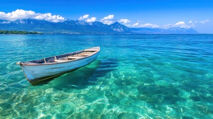 Naklejka premium Tranquil Scene of Wooden Boat on Clear Tropical Ocean Water