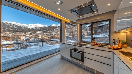 Modern kitchen, mountain view, snowy landscape, winter vacation rental