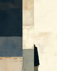 Abstract background with layered geometric shapes and muted tones. Featuring grays, beiges, and blues. Ideal for minimalist design themes.