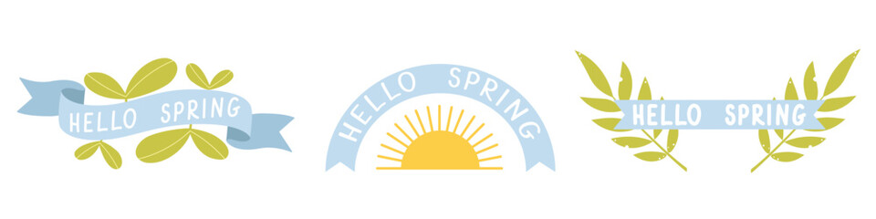 Set of templates, icons, logos with green leaves, ribbon, and text Hello Spring. Vector illustration for greeting cards, invitations, banners