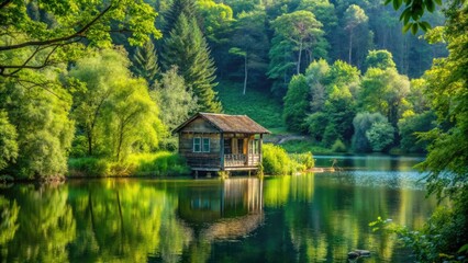 Overgrown with green foliage a abandoned summer house stands on a hillside overlooking a sparkling lake and lush forest, scenery, hillslope, summer house, rustic, lake