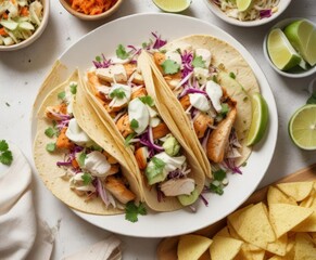Overhead view of a plate of fish tacos with slaw, lime wedges, and tortilla chips in the background on a white background, overhead view, composition, arrangement