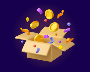 Surprise box with gold coins and confetti vector 3d icon. Mystery gift concept, bonus cashback. Cardboard present with shining golden money and festive decoration inside isolated on dark background