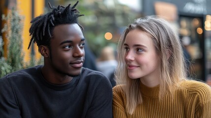 An interracial couple shares a moment while dining outdoors in a vibrant urban café setting