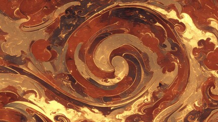 Abstract background with swirling patterns and rich, warm colors. Featuring shades of red, gold, and deep brown with intricate shapes. Ideal for sophisticated design projects.