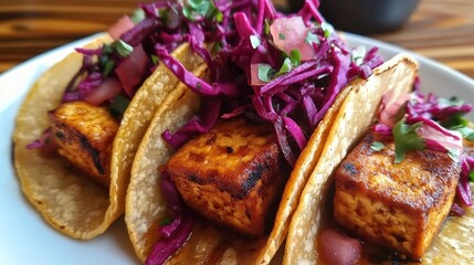 Delicious Spicy Tofu Tacos with Red Cabbage Slaw and Cilantro Garnish A vibrant and flavorful Mexican-inspired dish
