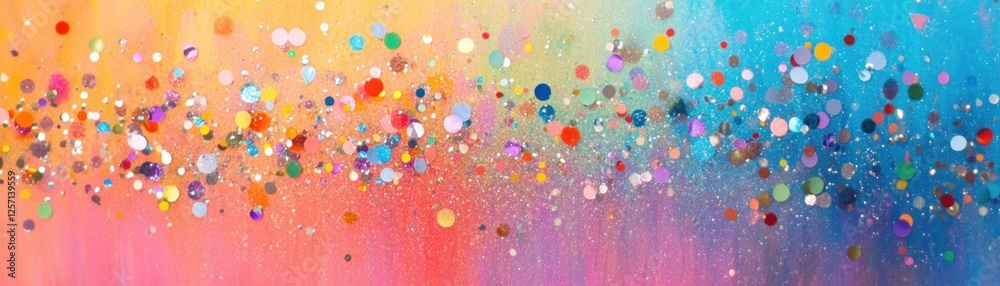 Aufkleber an abstract backdrop with numerous colourful dots and shimmering glitter