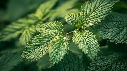 Fototapeta premium Lush Green Foliage Close Up Detailed Texture of Leaves with Insect
