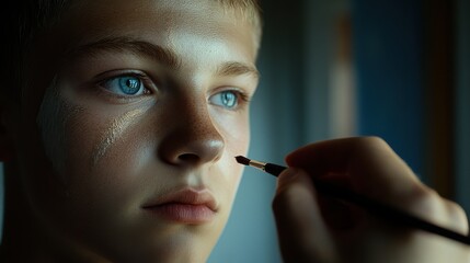 Obraz premium A young person with blue eyes receives a golden cosmetic application to their face.